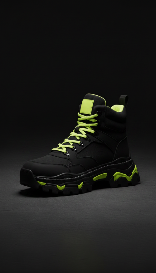 Alternate angle view of Chunky Black Boots Volt Yellow